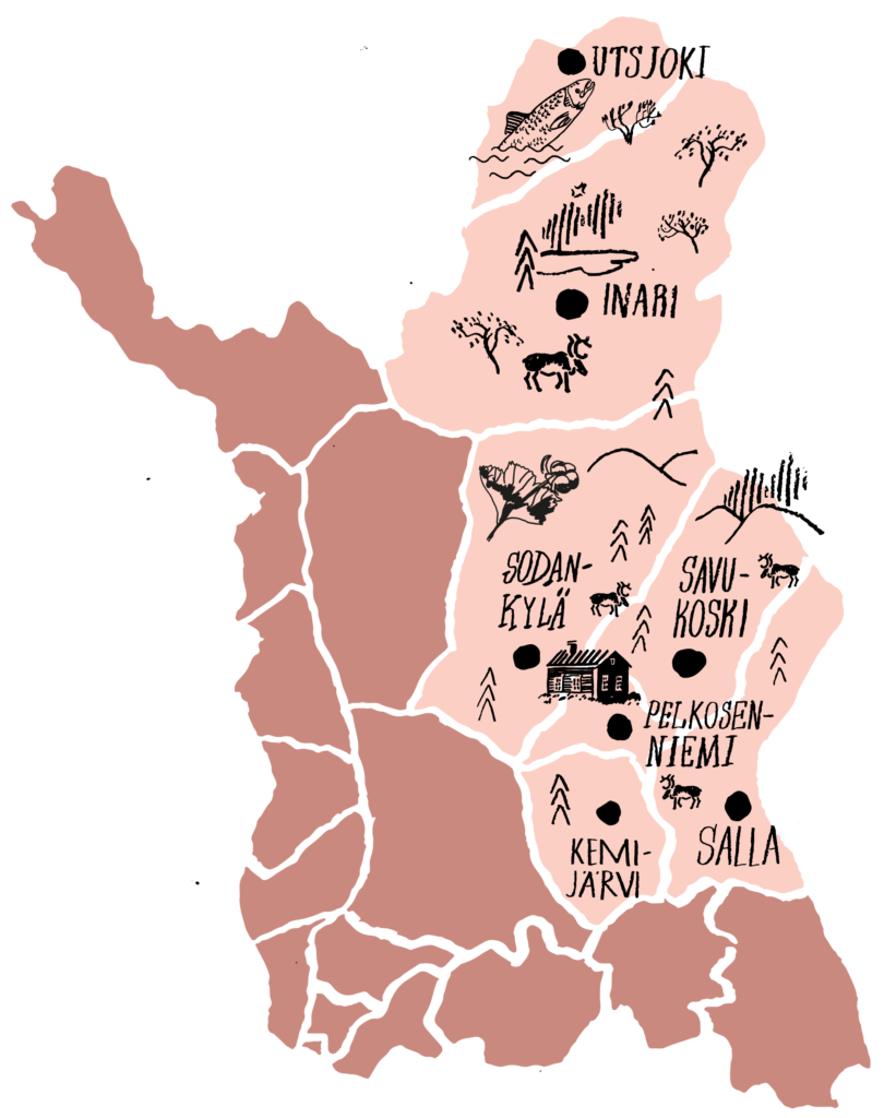 Kartassa korostettuna Utsjoki, Inari, Sodankylä, Savukoski, Pelkosenniemi, Salla ja Kemijärvi